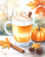 Watercolor Pumpkin Spice Latte with Creamy Topping and Autumn Flavor Elements