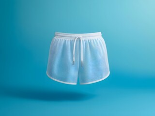 Floating white mesh shorts with drawstring on a smooth blue gradient background.