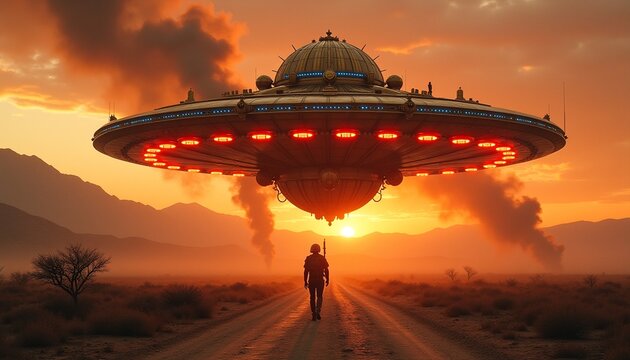 Alien Spaceship in Desert Sunset - Powered by Adobe