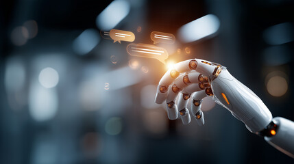 Robotic hand displaying conversation interface enabling intelligent dialogue defocused tech background real time support linguistic interpretation automated answers enhanced