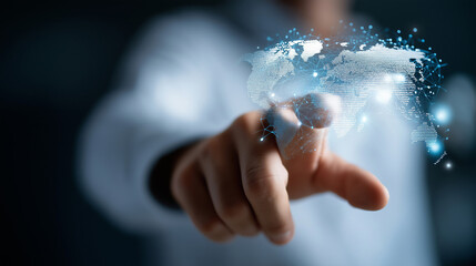 Individual utilizing AI with linguistic capabilities for global assistance defocused communication backdrop text comprehension support worldwide interaction tools automated