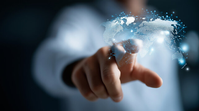 Individual utilizing AI with linguistic capabilities for global assistance defocused communication backdrop text comprehension support worldwide interaction tools automated