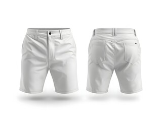 White casual shorts mockup showing front and back views on a clean white background