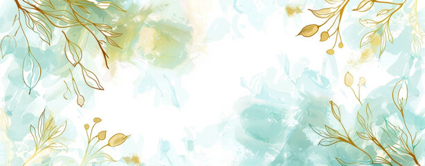 Floral background blue and green watercolor stains. Golden cherry leaves wall art with shiny light texture.