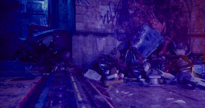 Brightly colored shadows illuminate a cluttered urban alleyway at night. Trash bags and discarded items create a chaotic atmosphere against a textured wall.