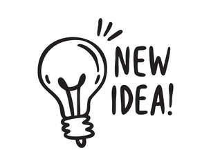 New idea with lightbulb, creative thinking doodle icon for study notes, hand drawn Monochrome line art outline, clean contour style, hand drawn.