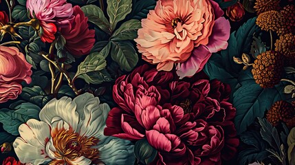 luxury garden flowers over white background, vintage pattern