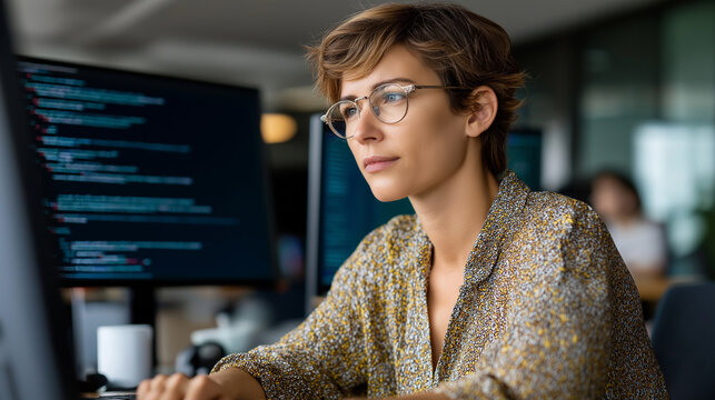 Female software creator in monitoring facility surrounded by code displays defocused large screen background programming language lines development environment technical