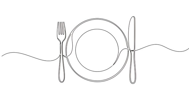 Elegant one line drawing of dinner plate with fork and knife for minimalist restaurant branding design