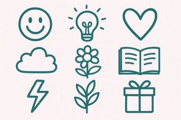 Abstract illustration of symbols representing happiness, creativity, knowledge, and emotional connection including a flower, a light bulb, and a heart for personal growth and positivity