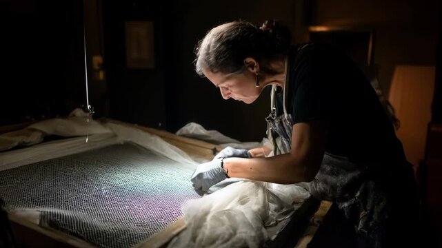 Artisan skillfully reconditioning a worn silk mesh screen under proper lighting focusing on delicate fabric restoration and stencil preservation.