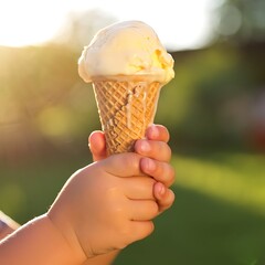 Sweet frozen dessert: a delicious white ice cream scoop in a crispy cone held by a hand