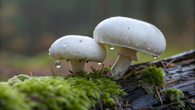 Two pristine white button mushrooms rest side by side on a damp, moss-flecked wooden surface at dawn—each cap a soft, velvety dome of ivory - Powered by Adobe