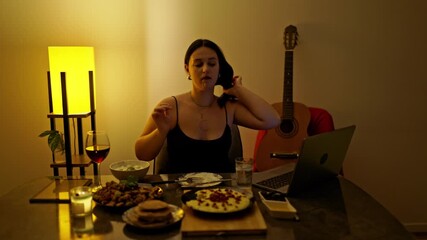 A young woman relaxes at home, enjoying a leisurely solo dinner. She savors delicious food and red wine while engaging with her laptop in a cozy, intimate setting.