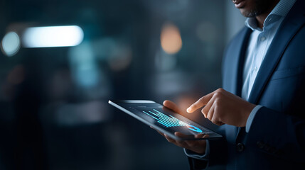 Faceless professional analyzing performance data with linguistic tools blurred office machine computation text processing emotion detection AI automation voice understanding