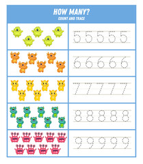 How Many monsters. Count and trace the numbers Halloween worksheet. Activity page with cute monster. Math for preschool kids. Handwriting practice. Vector illustration