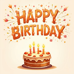 A cake with four candles and caramel drizzle, surrounded by Happy Birthday text and colorful flowers.