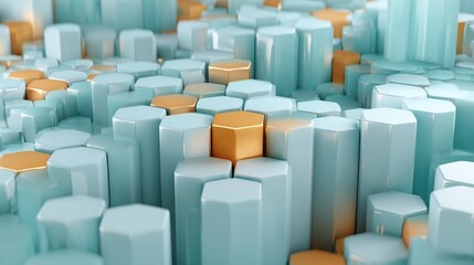 Obraz premium Abstract 3D hexagon pillars pattern with gold accents on turquoise grid. AI generative