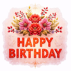 Vibrant red and pink flowers with golden leaves surround HAPPY BIRTHDAY in bold, red, patterned letters on a soft pink background.