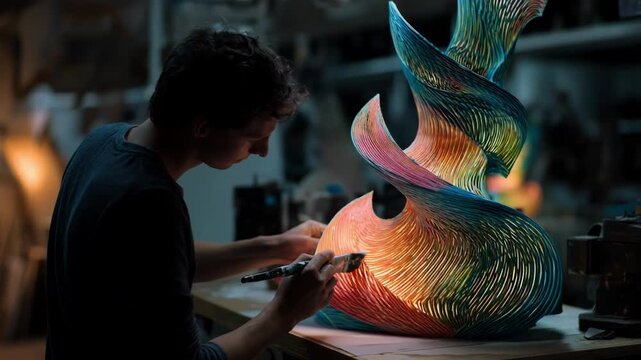 Medium shot of an artist using multilayer 3D printing technology to build complex abstract sculptures with vibrant colors and fine details.