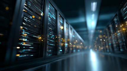 Grand AI powered data facility with machine computation optimization blurred server environment algorithm scaling operations massive linguistic framework hub technology