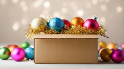 Christmas ornaments and tinsel filling a cardboard box, symbolizing holiday preparations