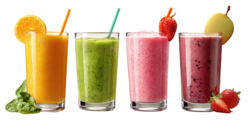 Four colorful smoothies in clear glasses