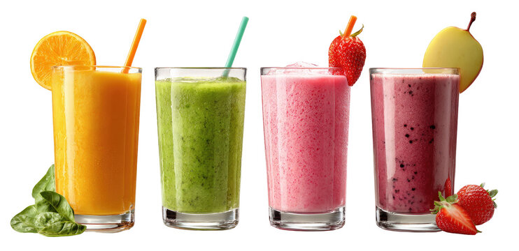 Four colorful smoothies in clear glasses