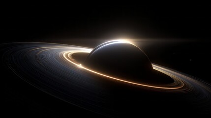 Ringed planet with glowing rings at cosmic sunrise. AI generative