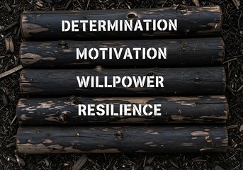 stacked logs displaying words like determination motivation willpower and resilience against a dark earthy background with scattered debris