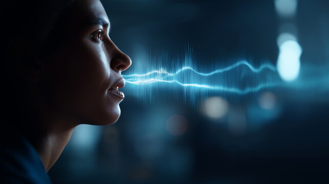 Profile view of person with soundwave graphics blurred face backdrop blue tones voice understanding technology AI speech interpretation linguistic interaction enablement dict