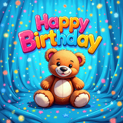 A cartoon teddy bear sits on a blue stage with colorful stars and confetti, surrounded by curtains, with Happy Birthday written above.