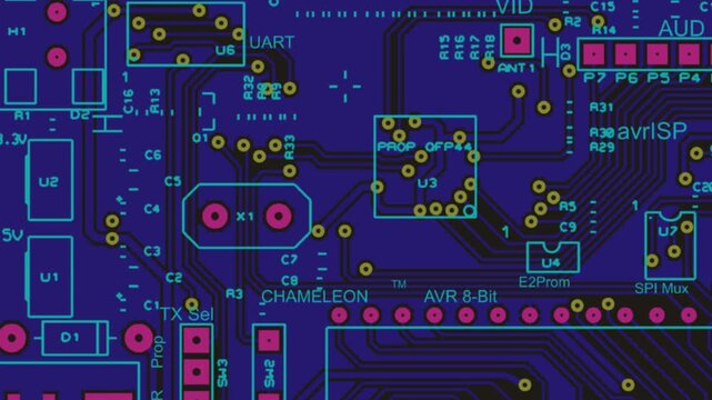 Video animation with printed circuit board of electronic device with components of radio elements, 
conductors, contact pads placed on pcb. 
Engineering drawing. Computer technic cad design.