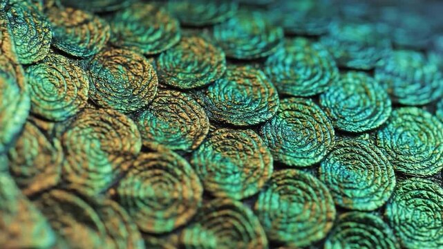 Abstract metallic pattern teal green gold iridescent texture macro view overlapping spiral design artistic backdrop