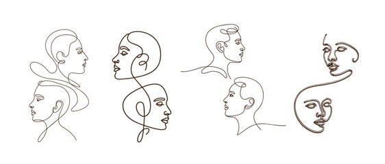 Minimalist Continuous Line Set of Human Profile Portraits and Heads