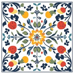 Ethnic folk ceramic tile in asulejos style with fruit or floral ornament