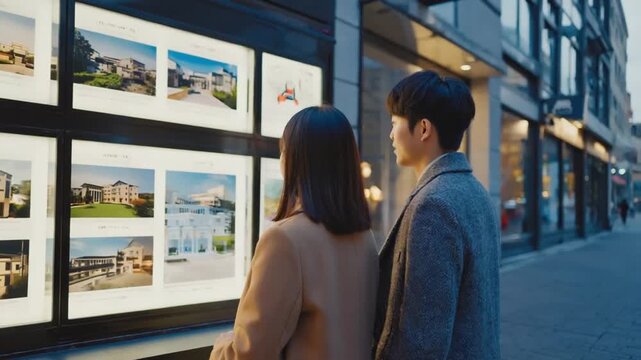 Couple looking at house listings at a real estate agency.