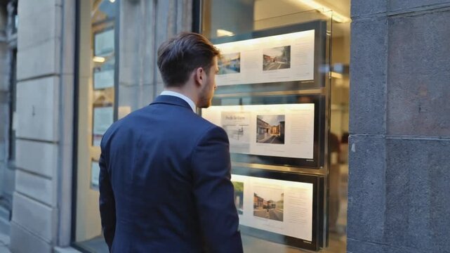 Person looking at house listings at a real estate agency.