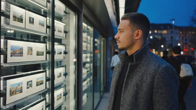 Person looking at house listings at a real estate agency.