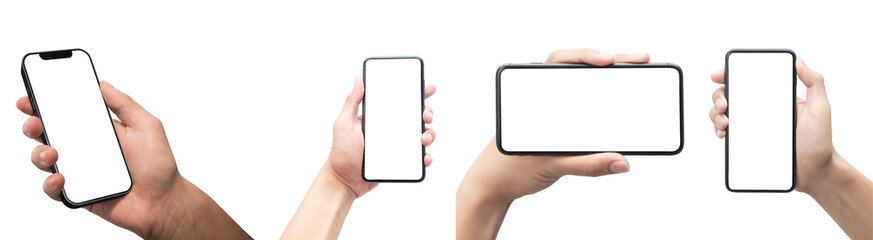 PNG image of Hands holding various smartphones with blank screens for app promotion or mobile advertising mockups for technology and communication use on transparent background	