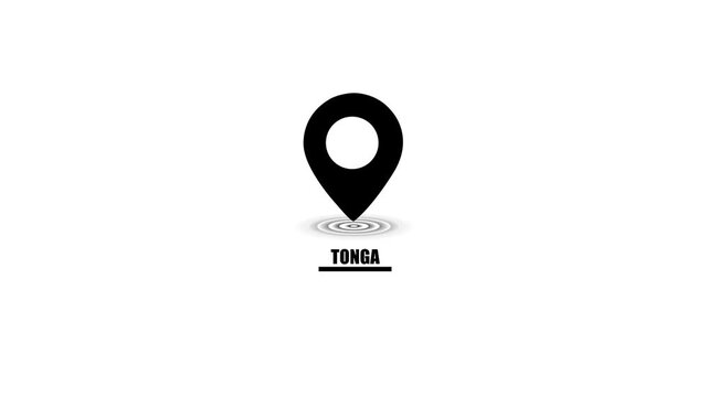 Black location pin icon with Tonga text and concentric circles on white background Keywords: location pin, map marker, navigation, destination