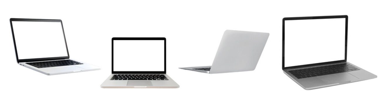 PNG Image of&nbsp;Silver laptop computers with blank white screens displayed in various angles against a for technology and business presentations and design mockups on transparent background