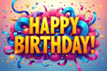 Vibrant illustration featuring HAPPY BIRTHDAY! in gold, surrounded by blue and pink ribbons, stars, and confetti.
