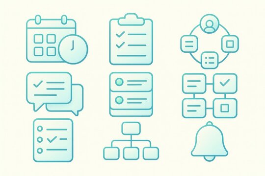 Interactive visual elements depicting time management, communication strategies, and workflow optimization enhancing productivity and organization in a digital ecosystem