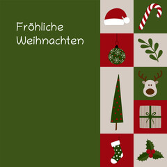 Fröhliche Weihnachten - Schriftzug in deutscher Sprache. Quadratische Grußkarte mit Weihnachtssymbolen.