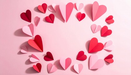 Obraz premium Heart-shaped origami arranged in a circle on a pink backdrop, creating a romantic vibe