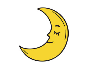 Cute moon smiling with closed eyes dream sleep element doodle hand drawn icon. colorful cartoon line drawing clipart symbol