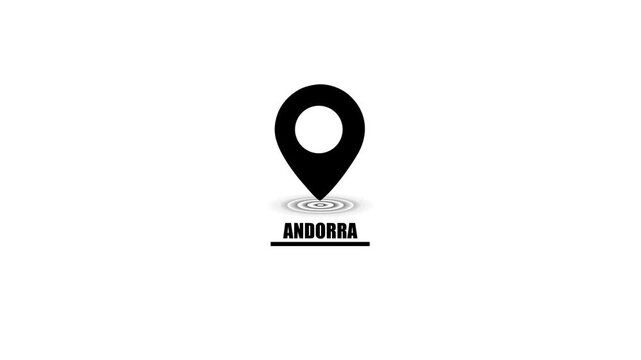 Black location pin icon with Andorra text and ripple effect on white background map marker