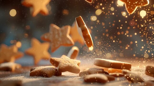 Flying gingerbread cookies with warm glowing bokeh, powdered sugar swirling around star and heart shapes creating a magical cozy Christmas atmosphere