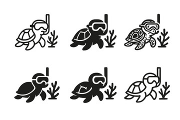 Fototapeta premium Adventure Pet Icons. Pets in various outdoor adventures. Icon set. Set Logo of Pets in various outdoor adventures: turtle with snorkel and coral. harmonious